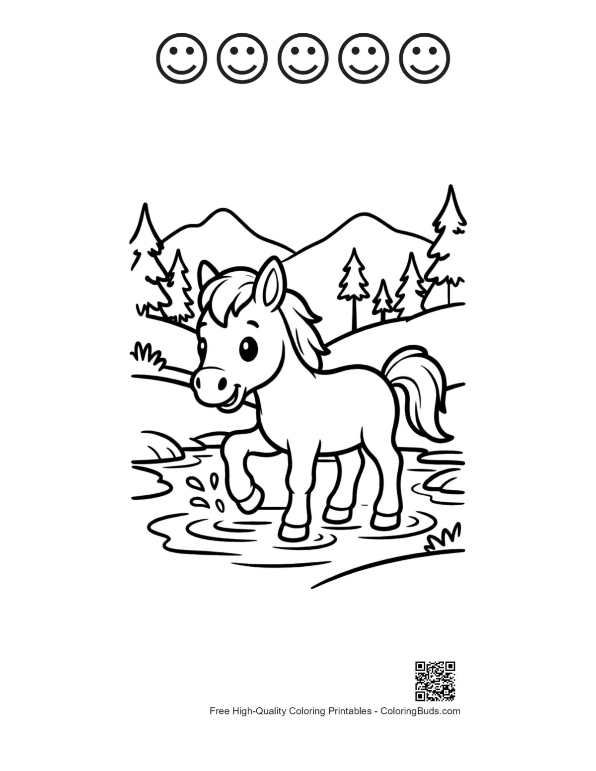 Cute wild horse 5 happy face outline printable