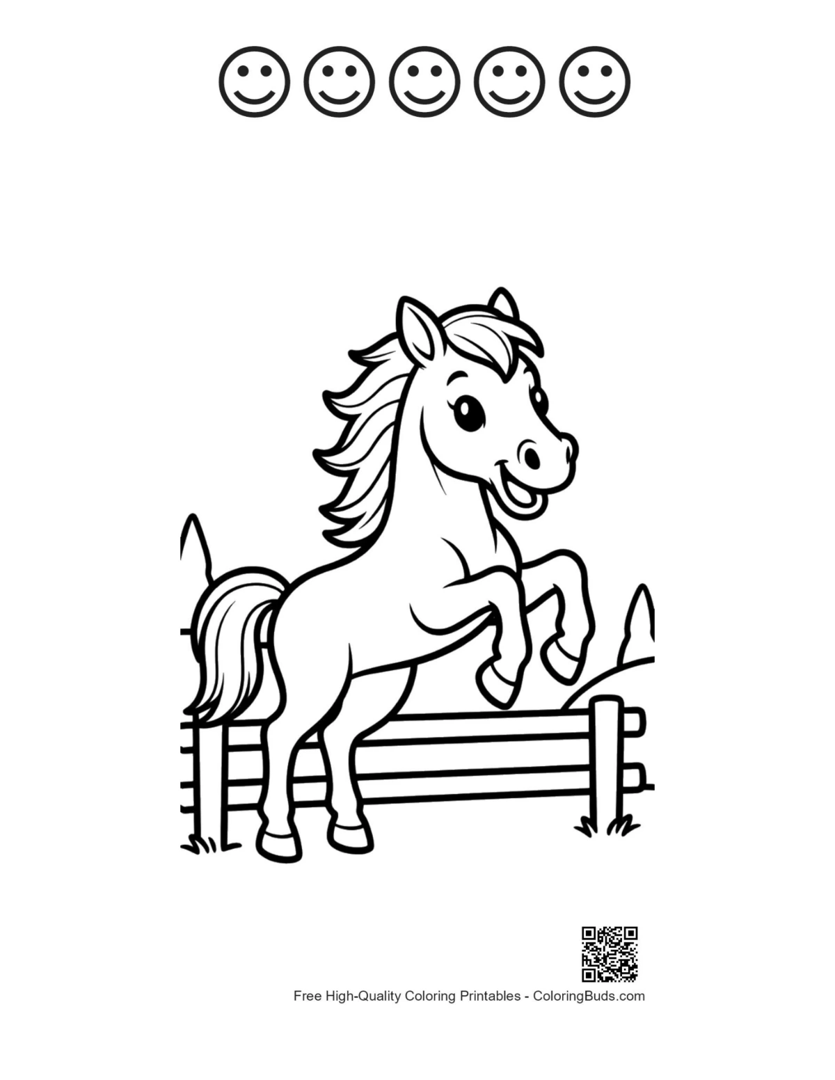 Cute wild horse with 5 happy faces printable