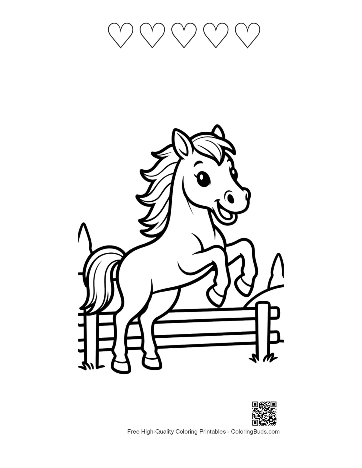 Cute wild horse with 5 heart outlines printable