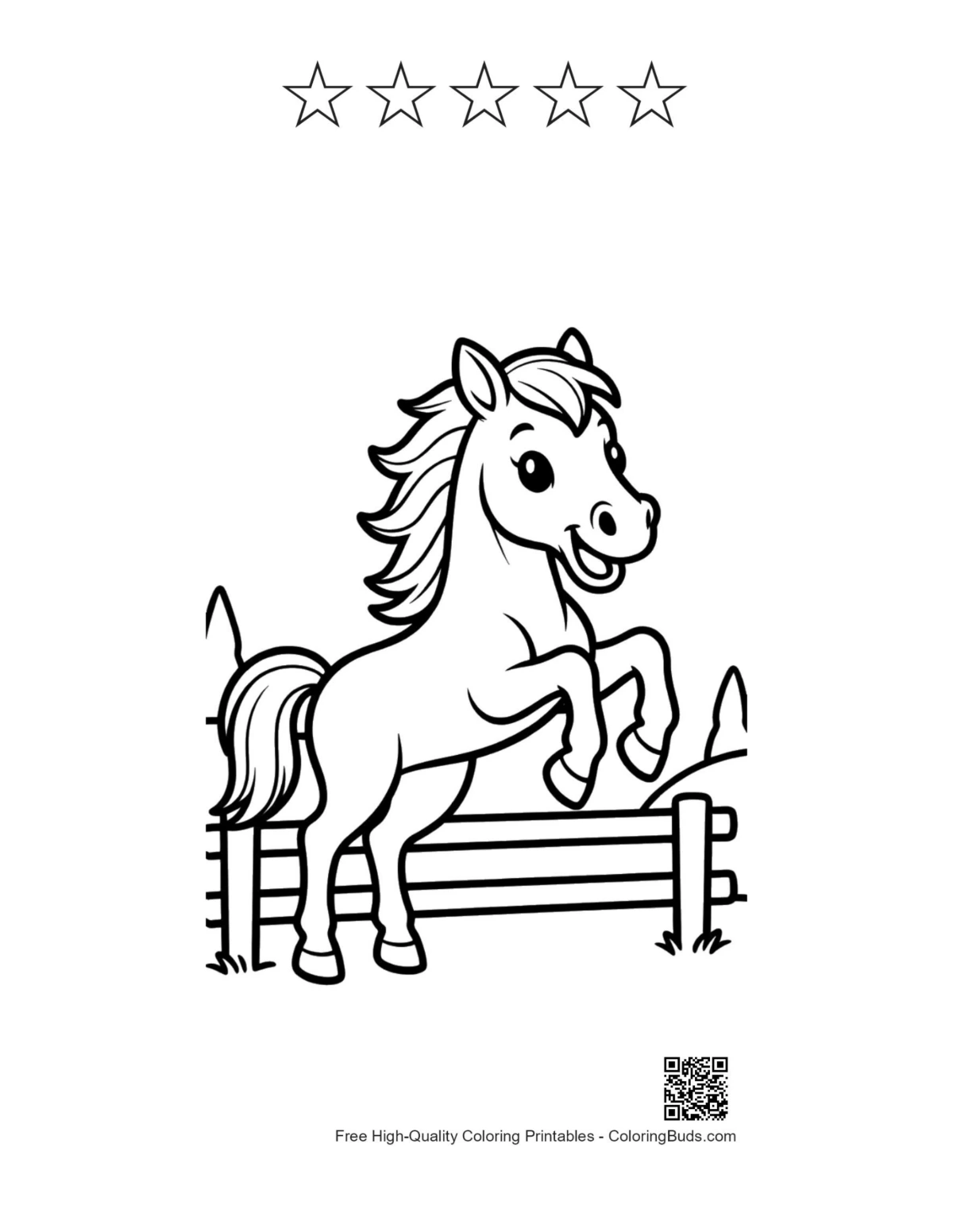 Cute wild horse with 5 star outlines printable