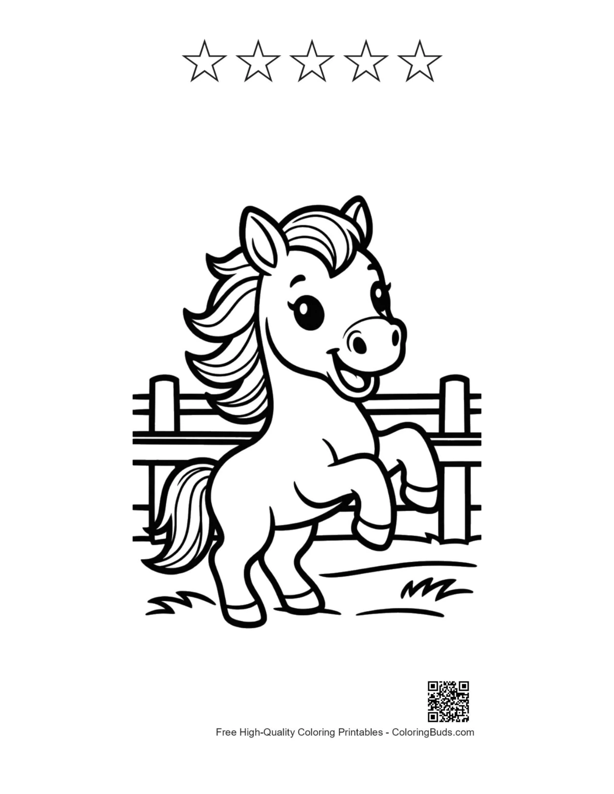 Wild horse coloring with 5 stars printable