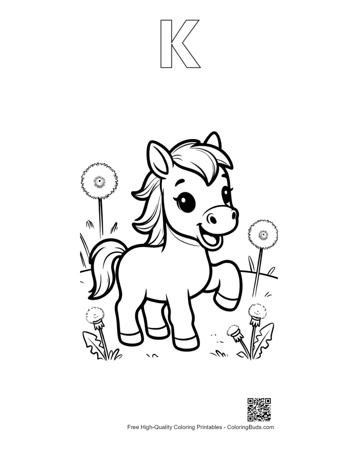 Wild horse coloring sheet with alphabet K