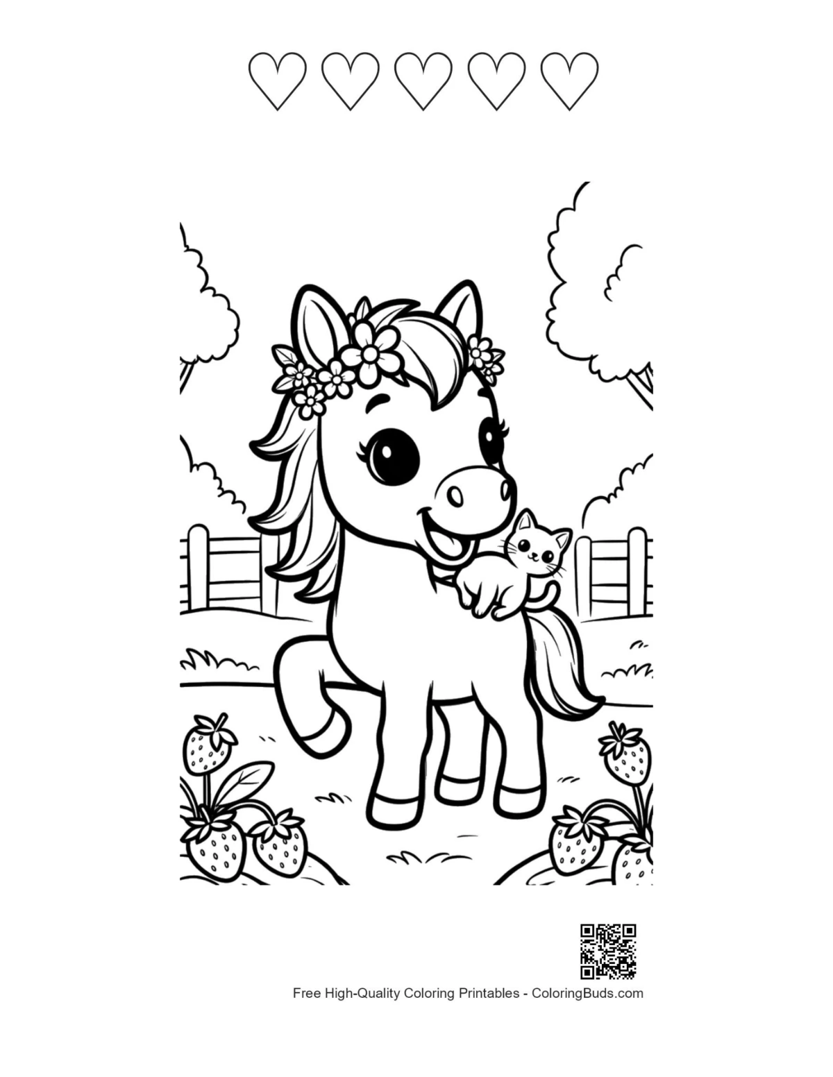 Wild horse printable with heart outlines