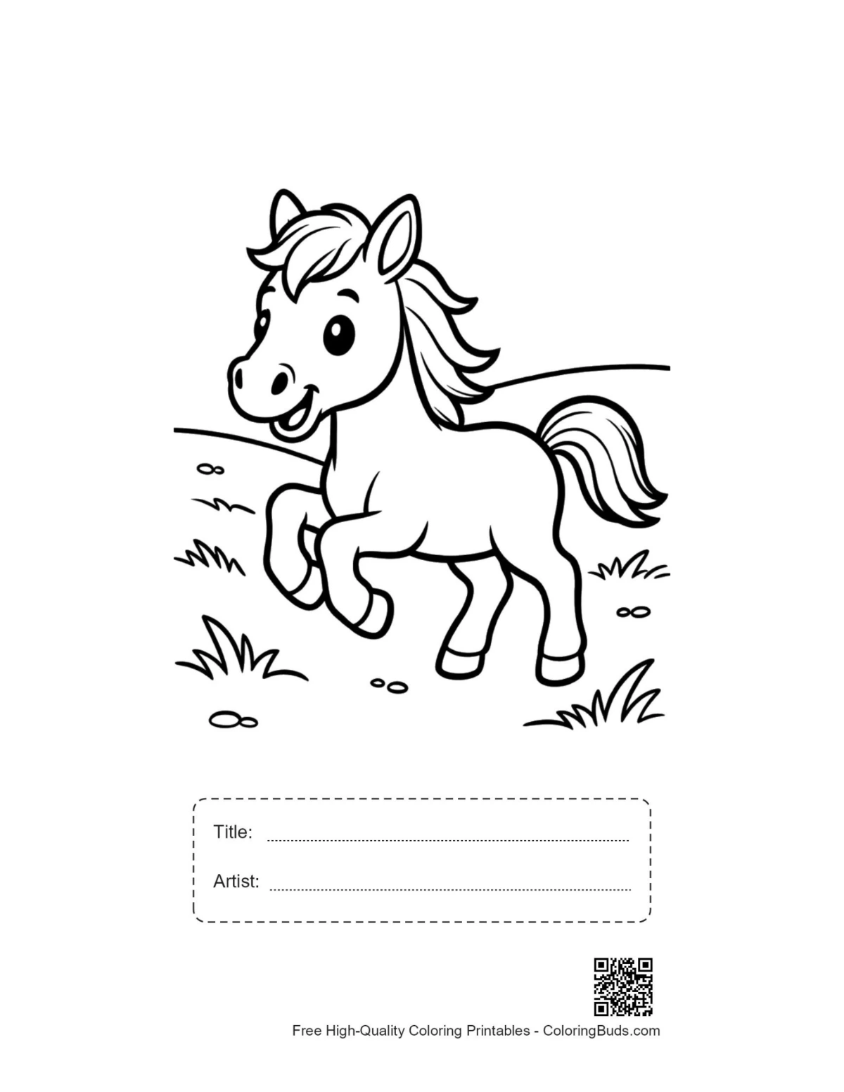 Wild horse coloring sheet with title and artist space