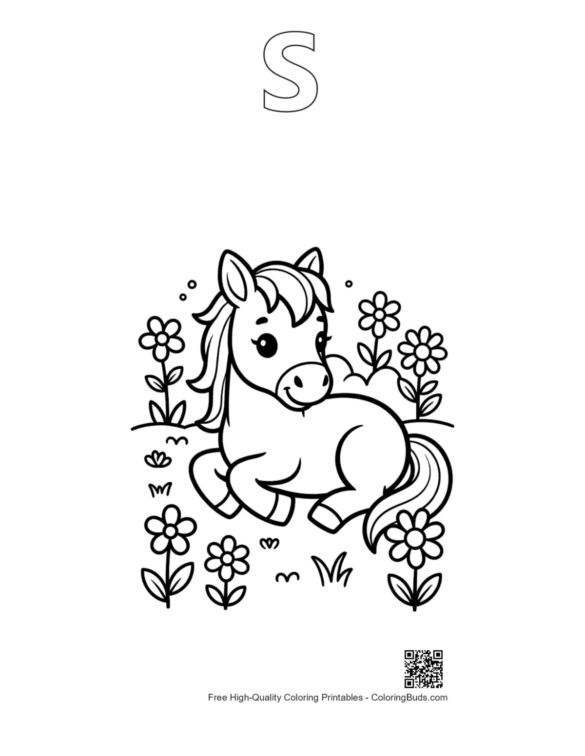 Wild horse printable outline with alphabet S shape