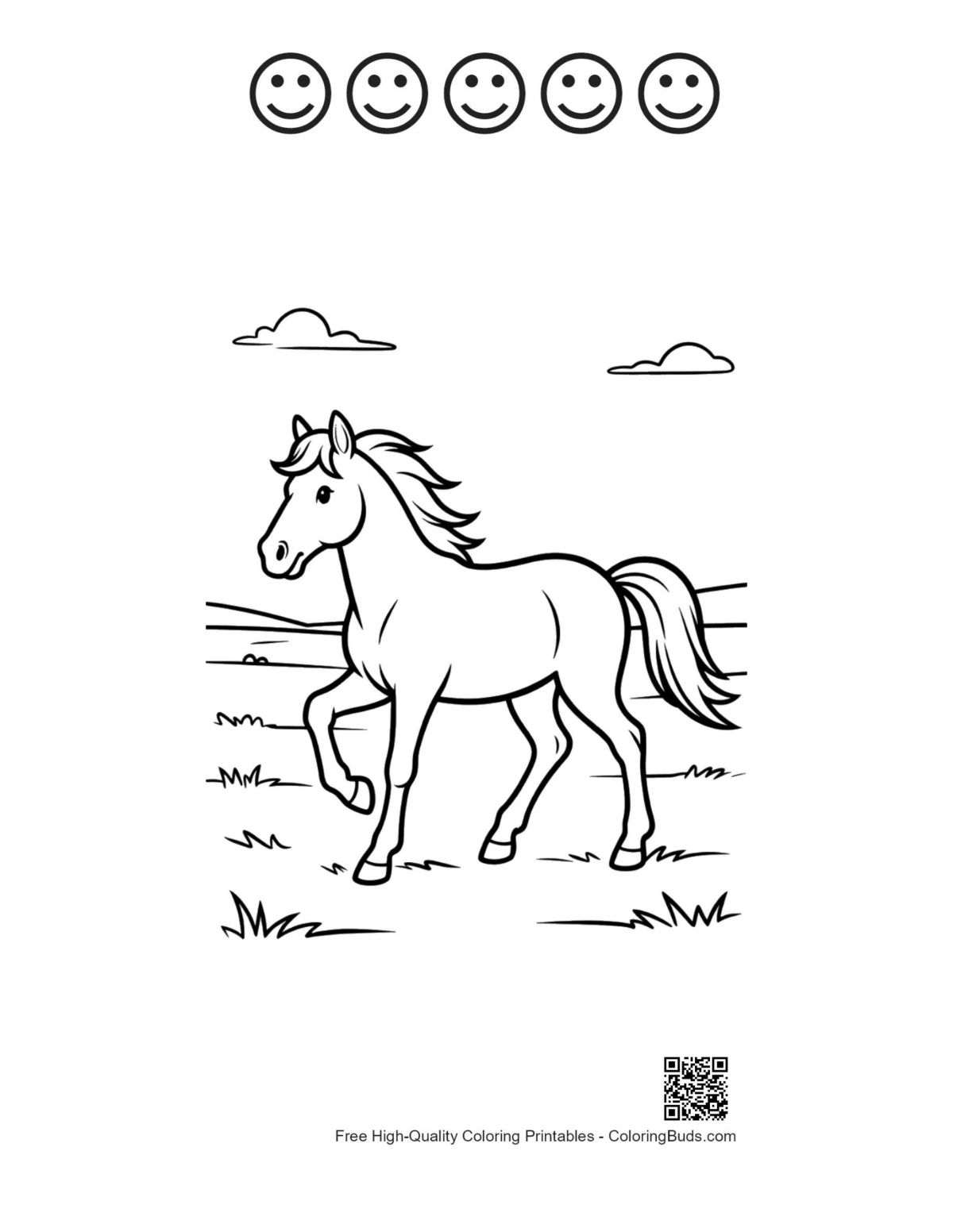 Horse grazing printable with 5 happy faces outlines