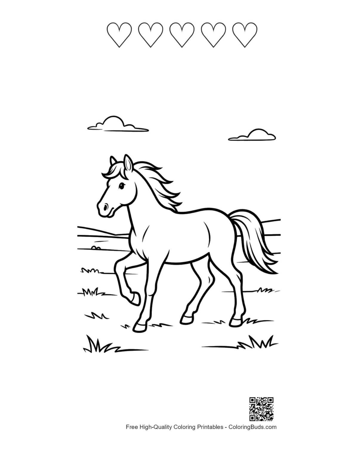 Wild horse coloring page with 5 heart outlines printable