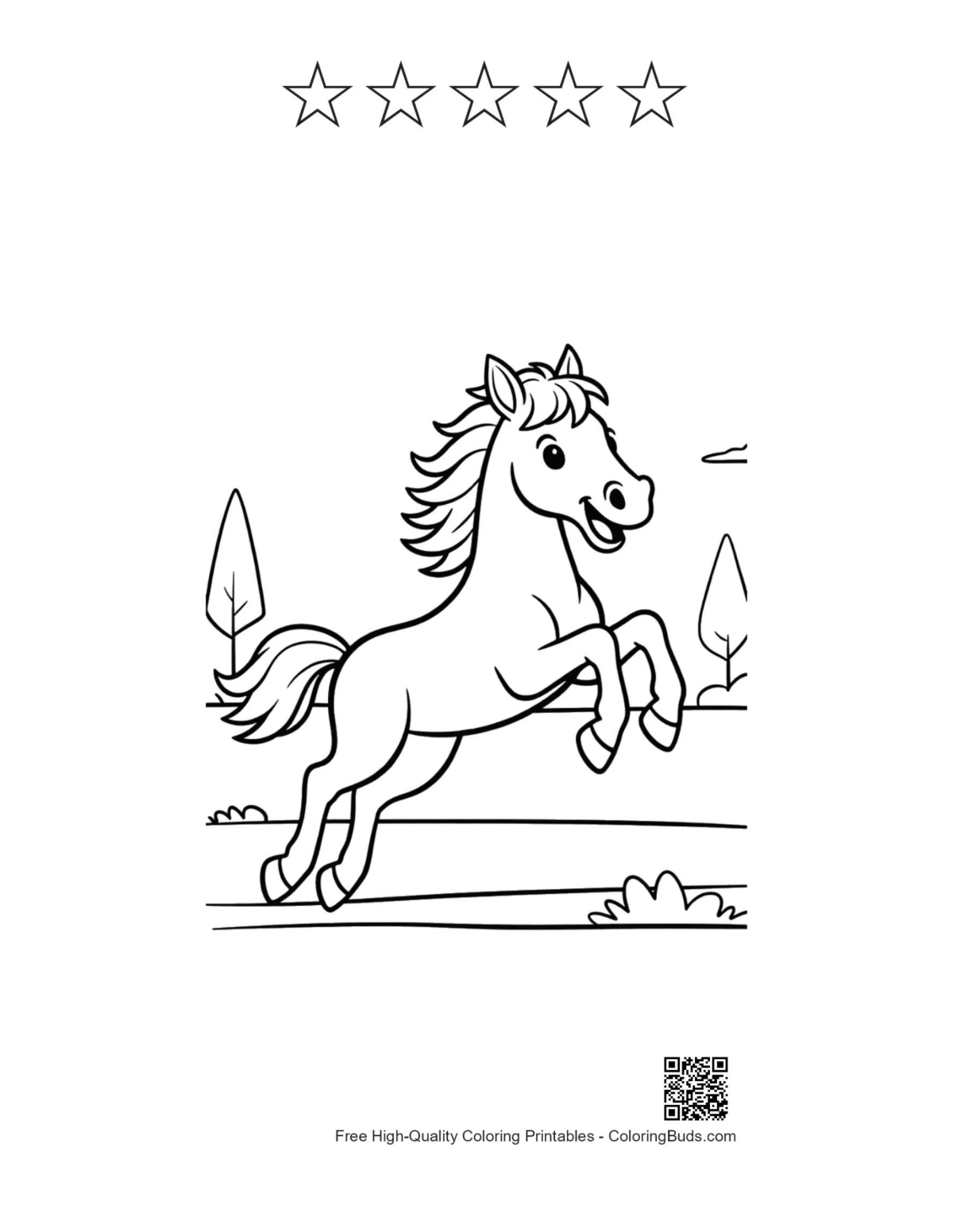 Wild horse coloring page with 5 star outlines