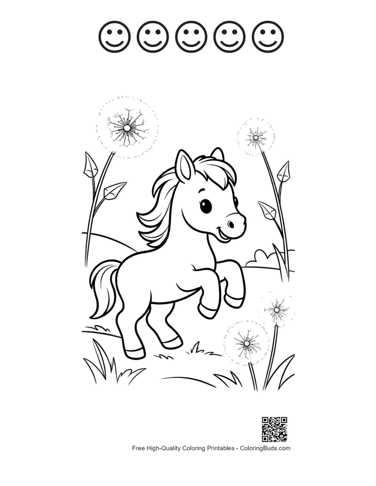 Wild horse foal with happy faces outlines printable
