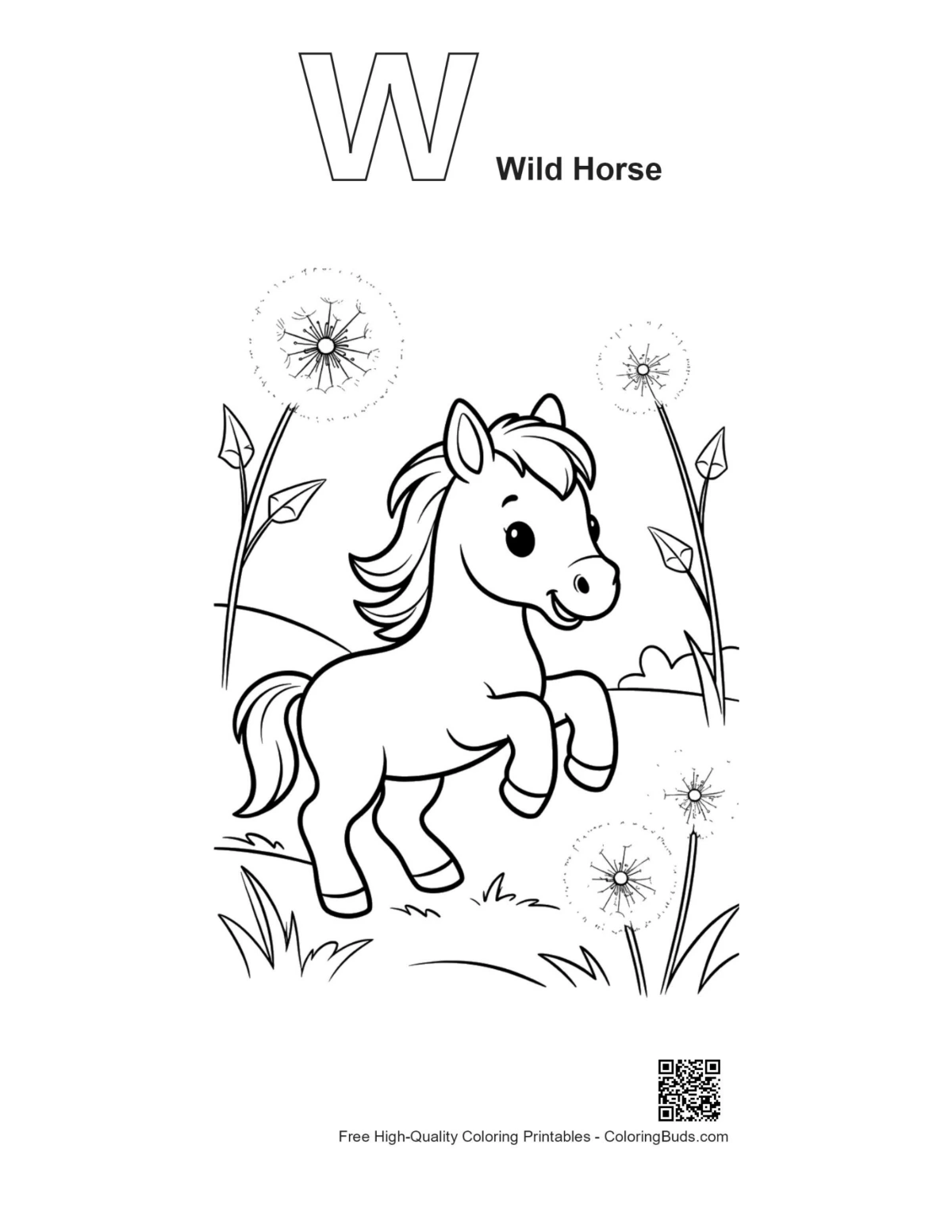 Wild horse foal outline with alphabet letters printable