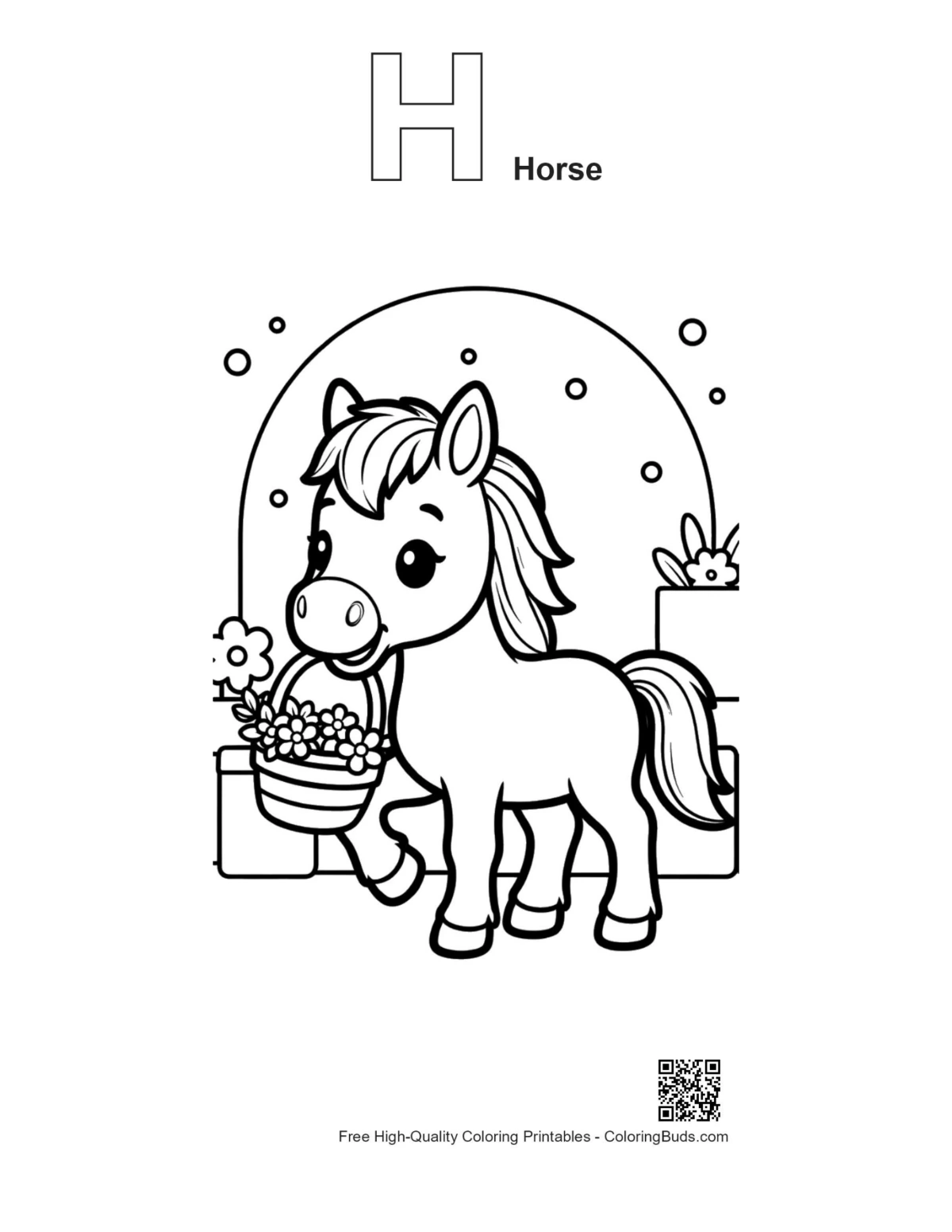 Wild horse driver coloring page with H alphabet outline