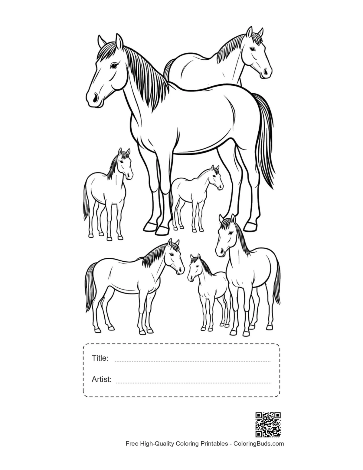 Printable wild horse family outline with title box