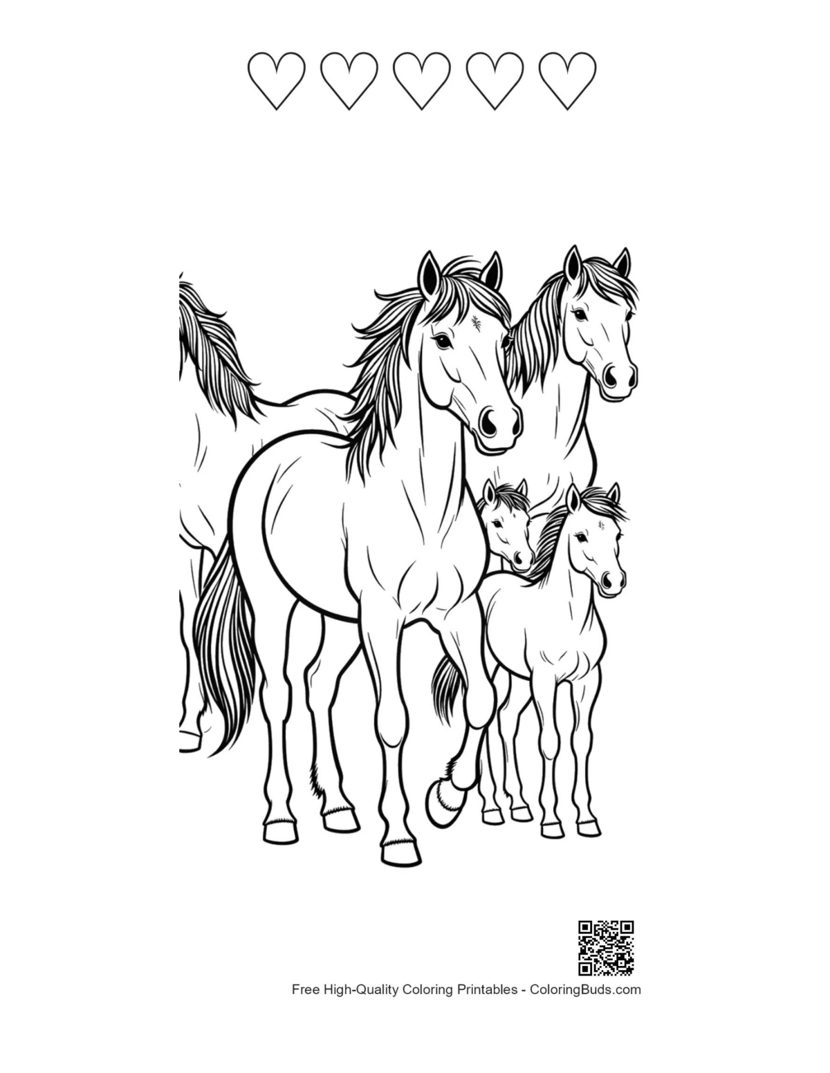 Wild horse family with heart outlines printable