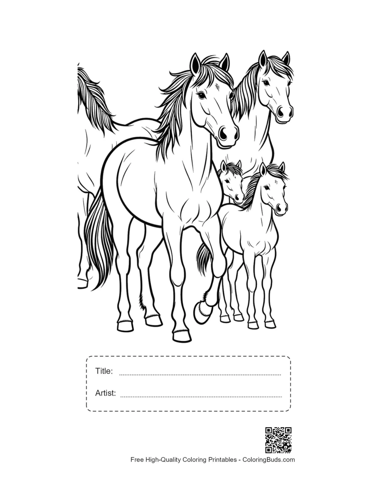 Printable wild horse family outline with title box