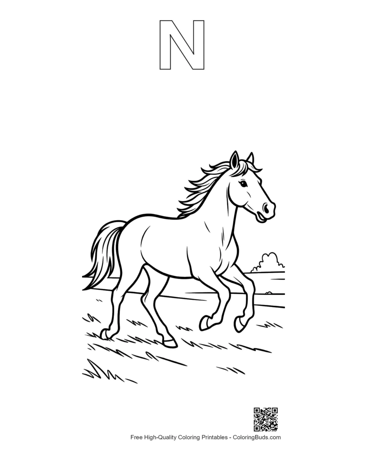 Sunset wild horse foal printable with alphabet N