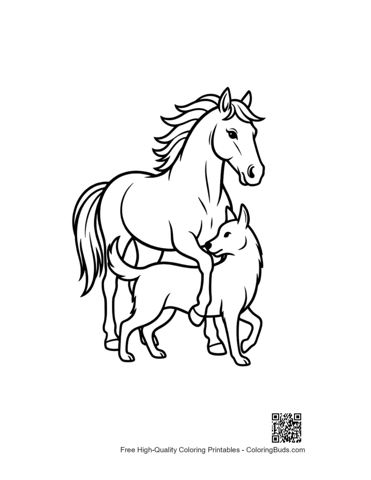 Wild horse nuzzling playful wolf pup illustration