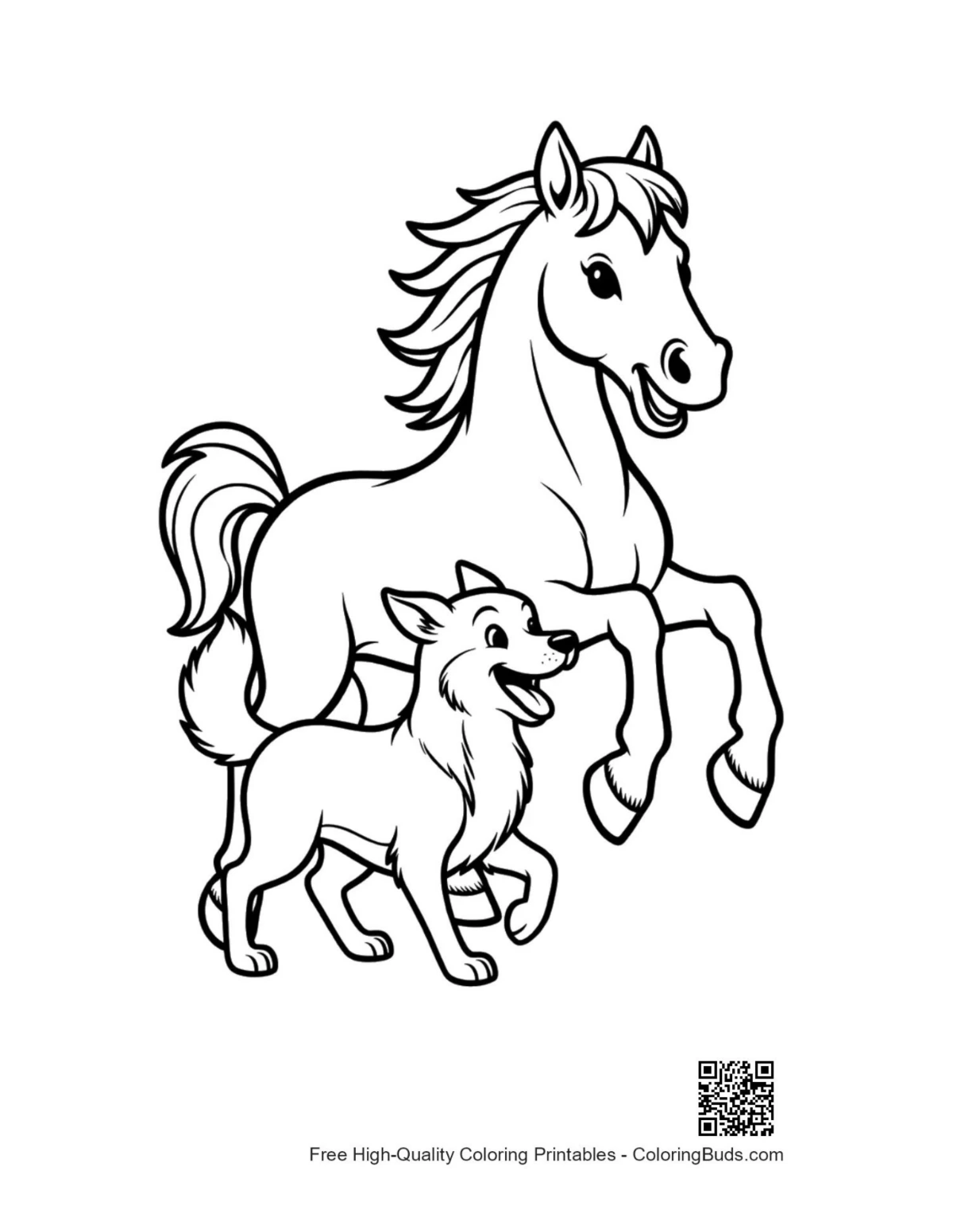 Rearing wild horse with playful husky pup illustration