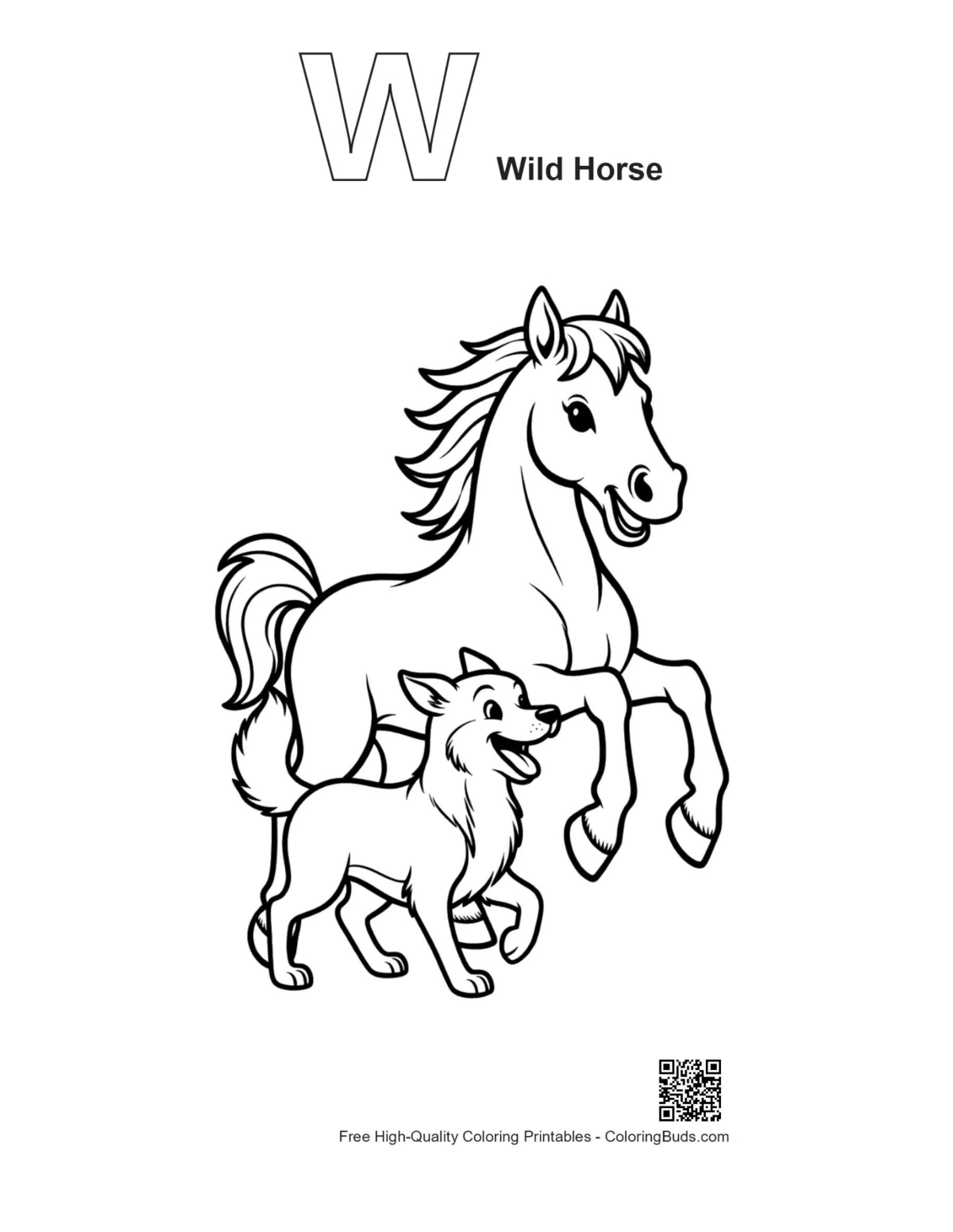 Outline alphabet printable of wild horse and husky pup