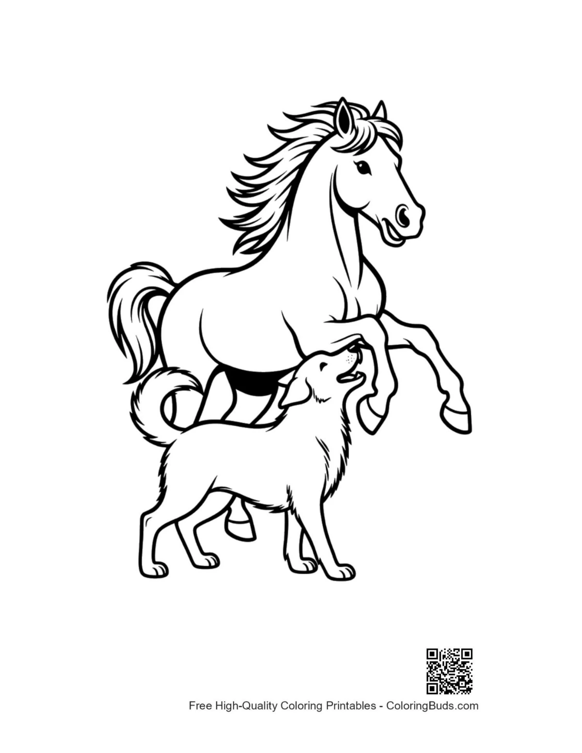 Wild horse rearing with playful puppy outline