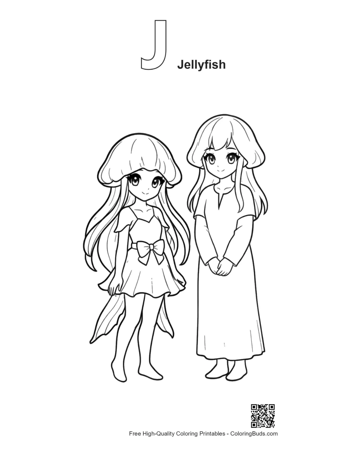 Moon Jellyfish girls with letter J outline printable