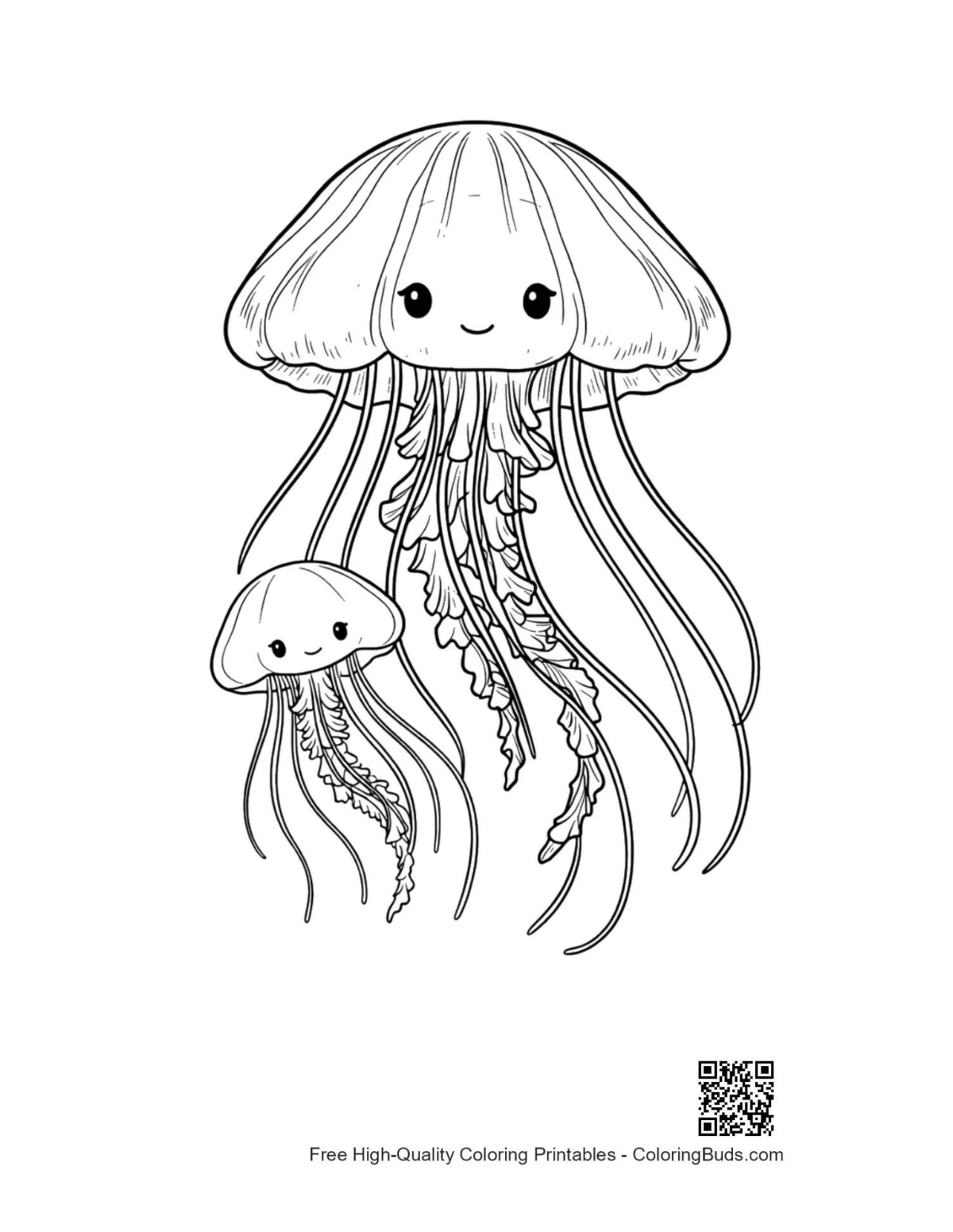 Cute Moon Jellyfish mom and baby coloring page