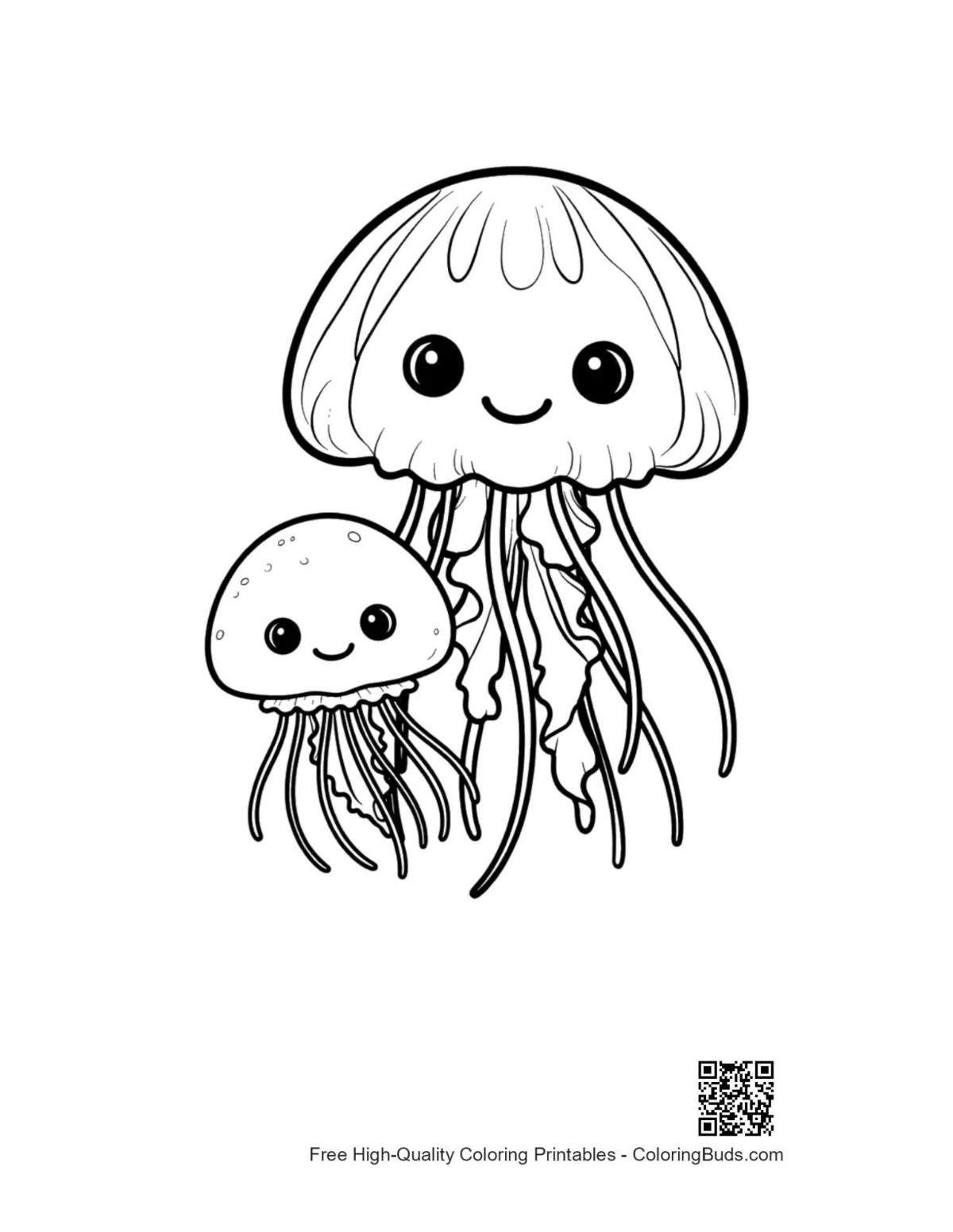 Cute moon jellyfish parent baby coloring page
