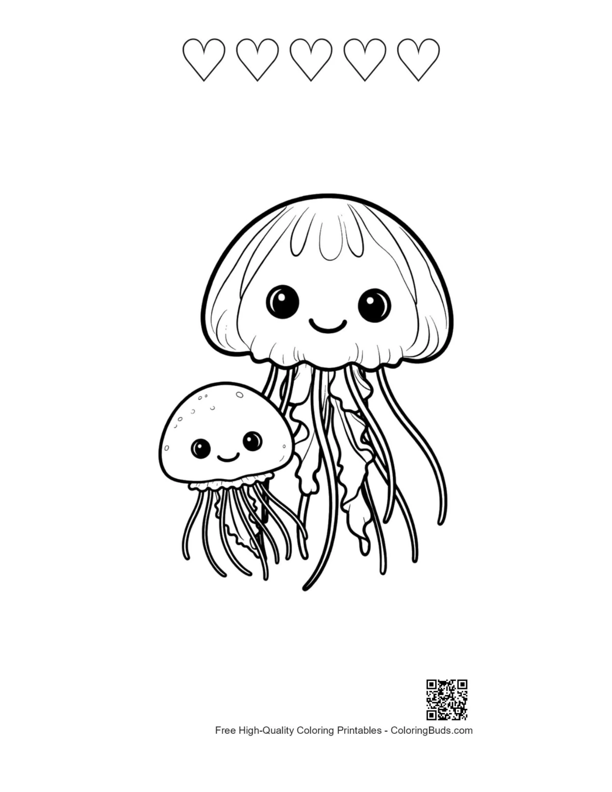 Moon jellyfish with 5 heart outline printable