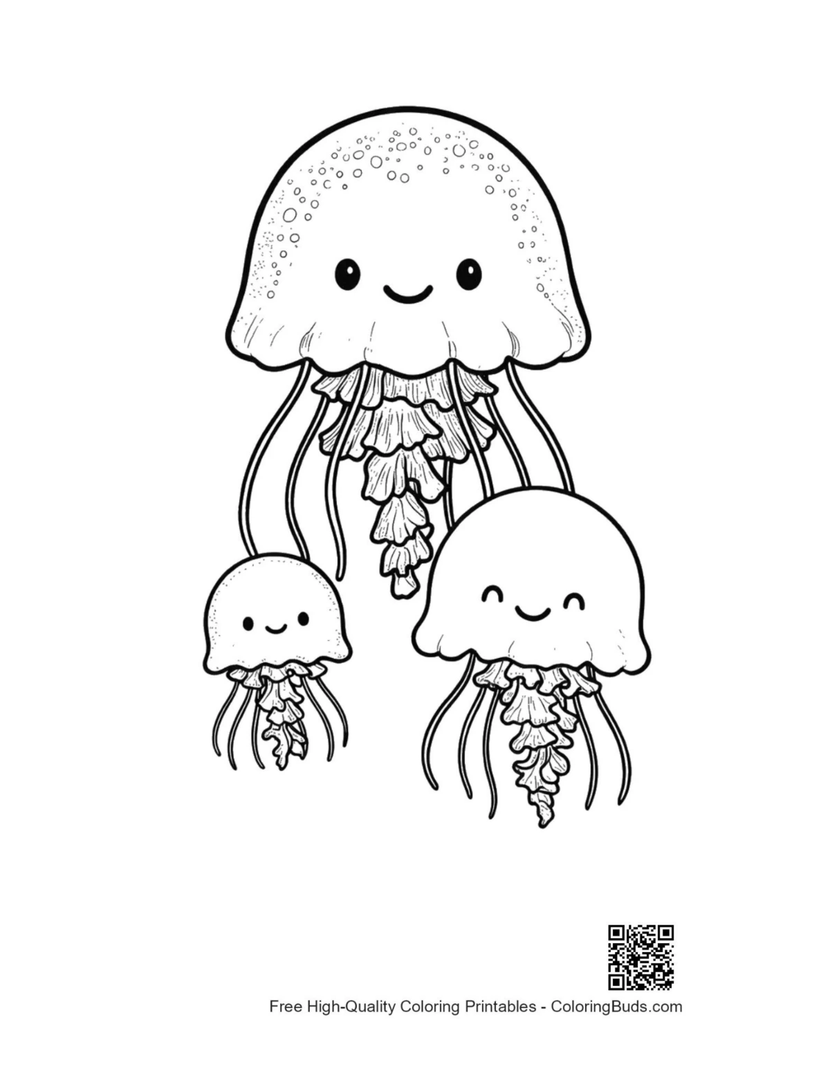 Ausmalbild: Fröhliche Mondquallenfamilie