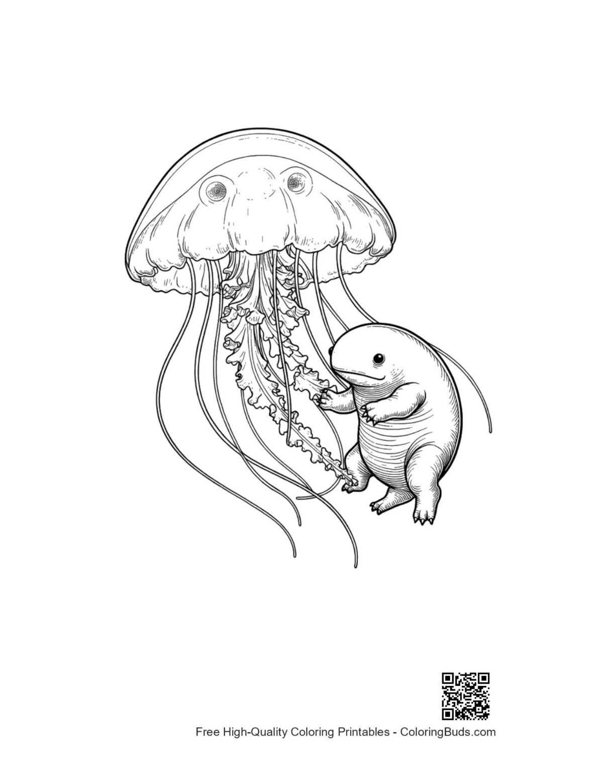 Cute Moon Jellyfish and Axolotl coloring page