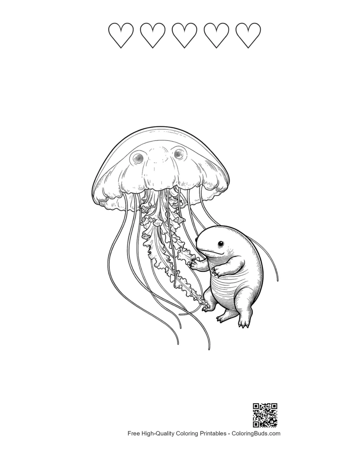 Moon Jellyfish Axolotl hearts outline printable