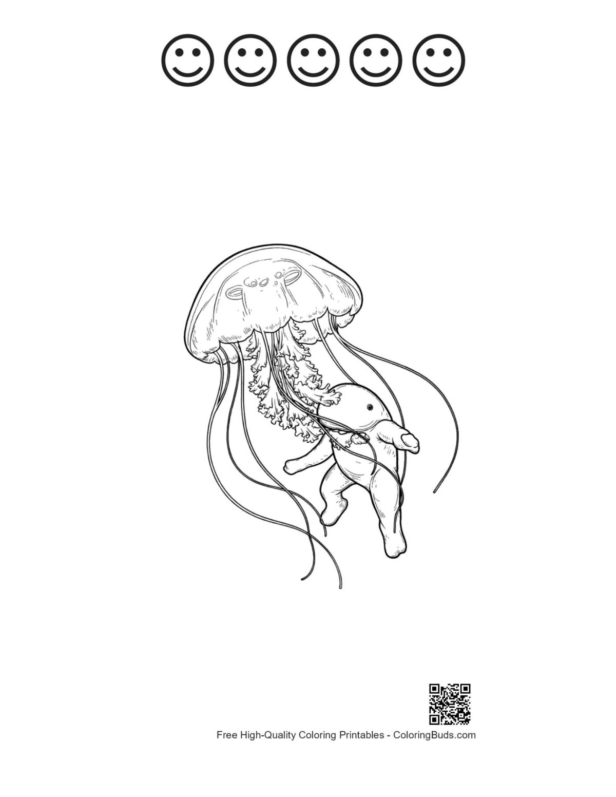 5 happy faces outline on Moon jellyfish elephant printable