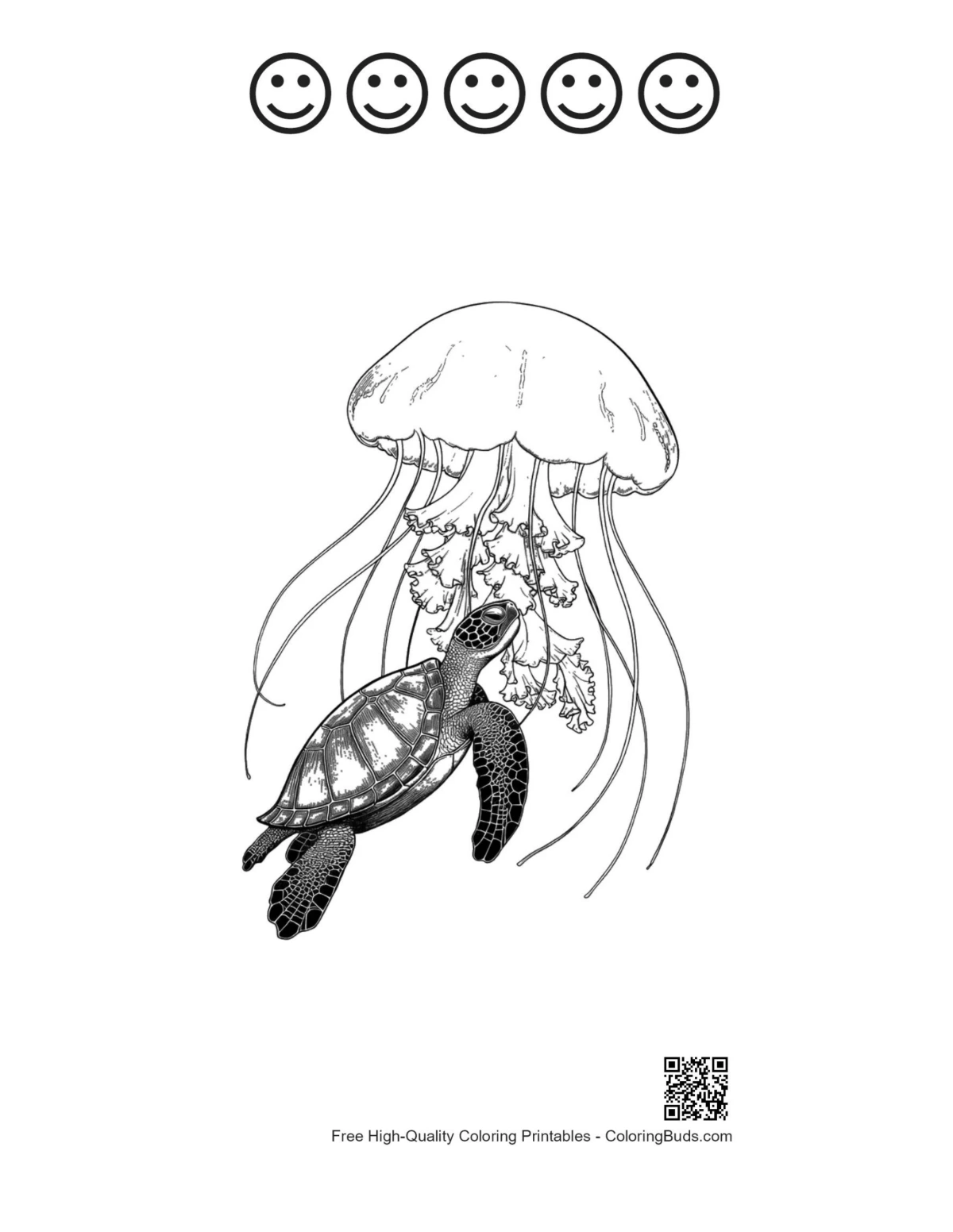 Sea turtle jellyfish coloring with happy face outlines