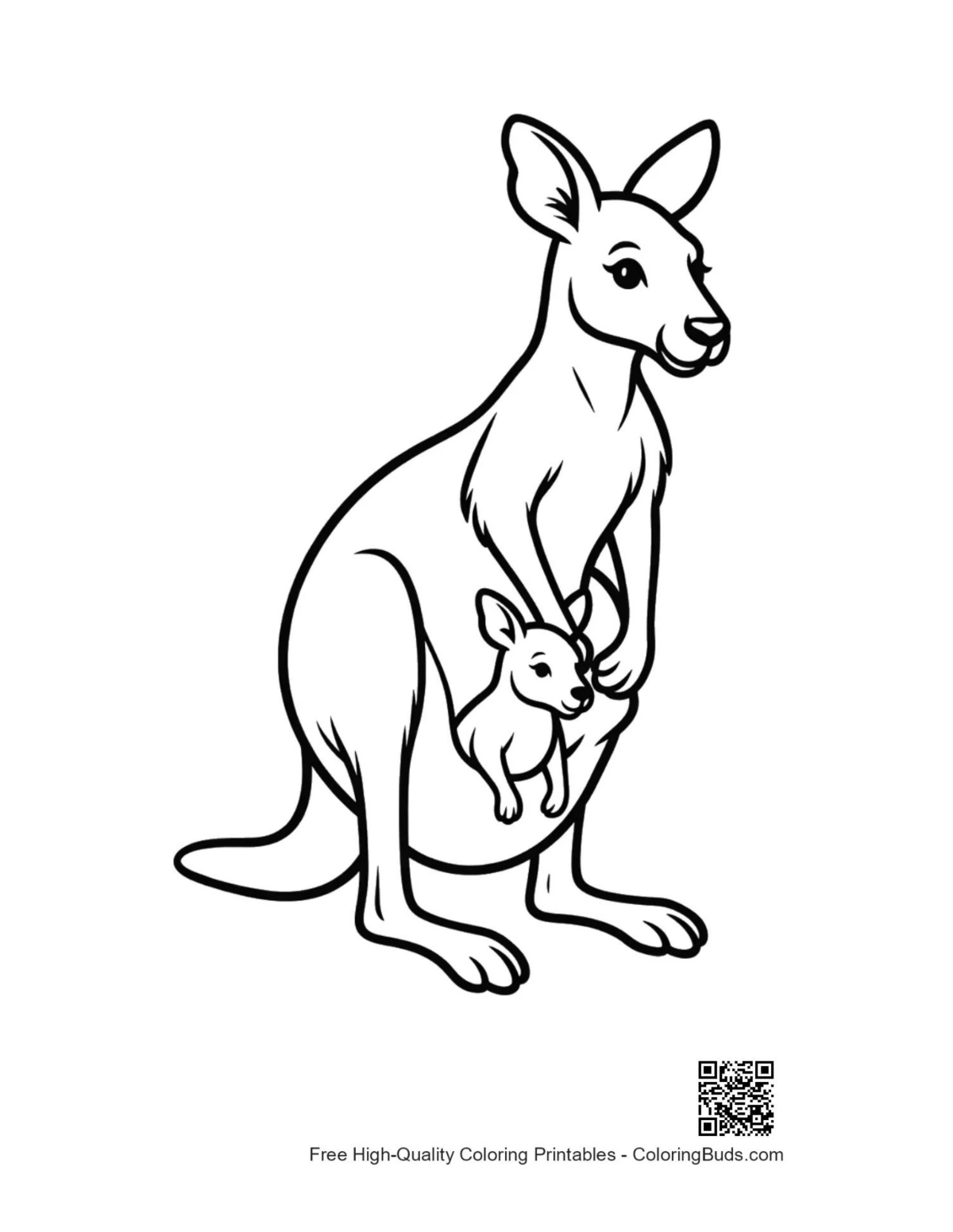 Cheerful mother kangaroo joey in pouch coloring page