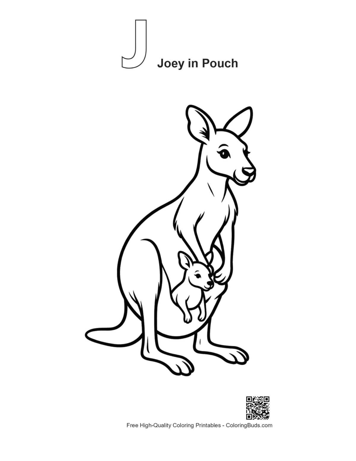 Kangaroo joey in pouch alphabet J outline coloring page