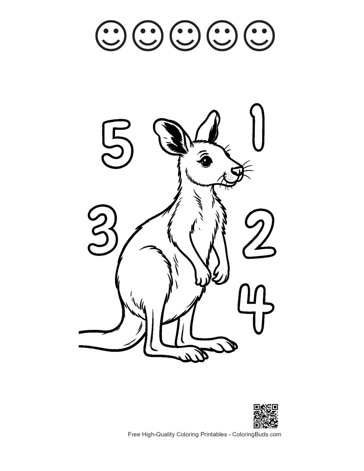 Kangaroo coloring numbers 1-10 with happy faces