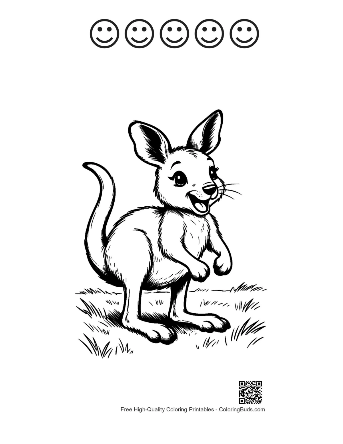 Joey on grass with 5 happy faces printable