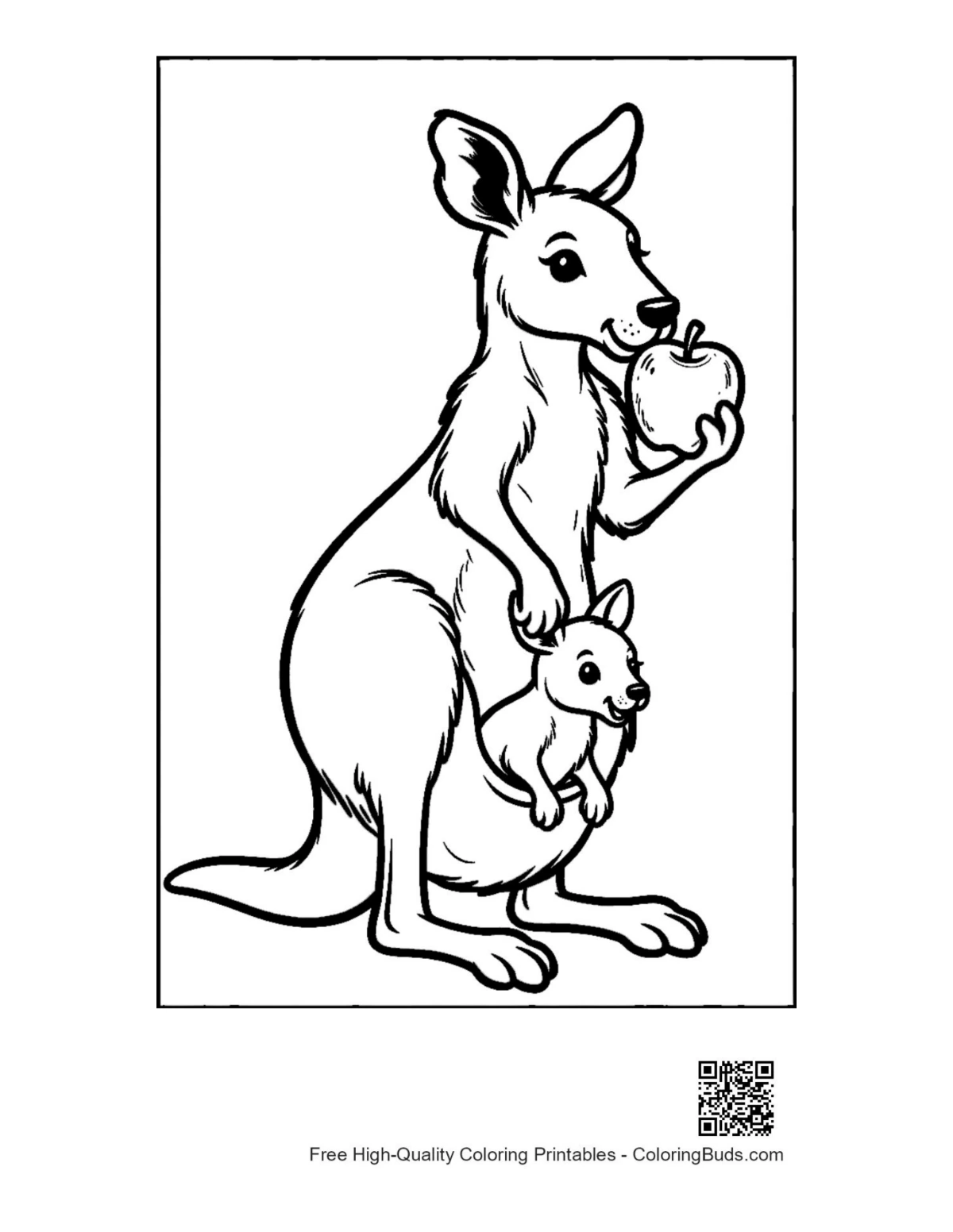 Kangaroo mom eating fruit joey in pouch coloring page