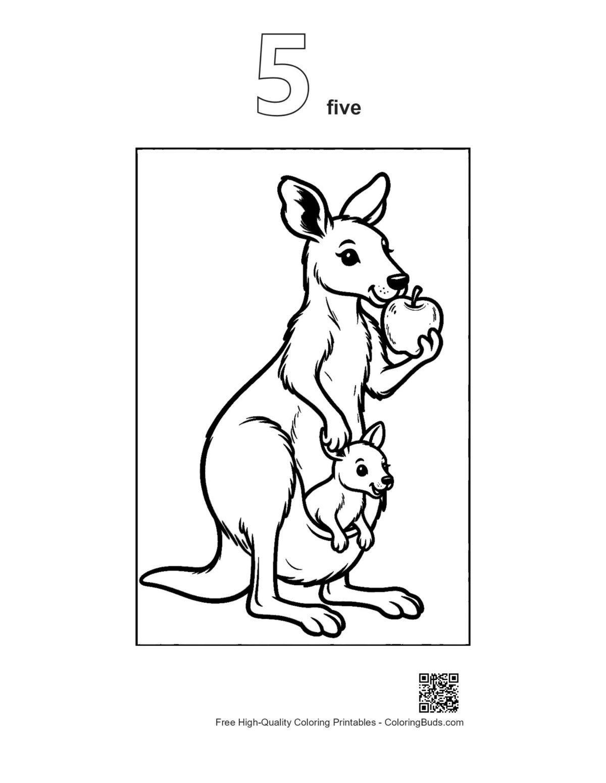 Kangaroo mom joey fruit outline number 5 coloring page