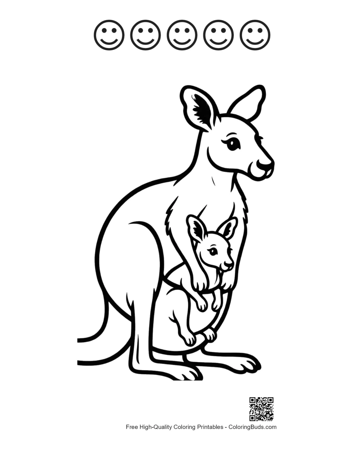 Happy face outlines with kangaroo joey printable sheet