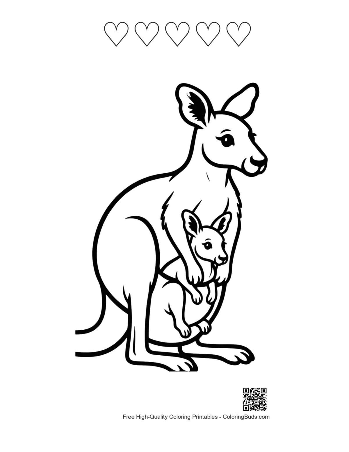 Kangaroo joey pouch hearts outline coloring page
