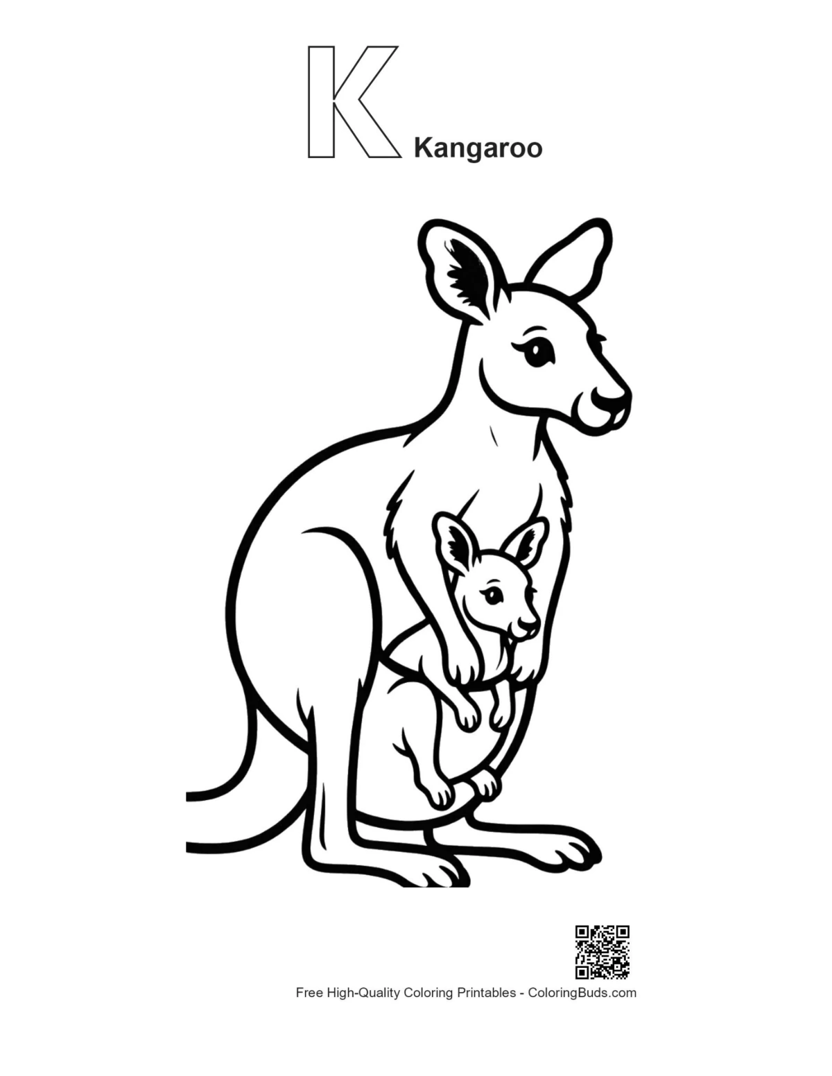 Kangaroo coloring page with alphabet K outline