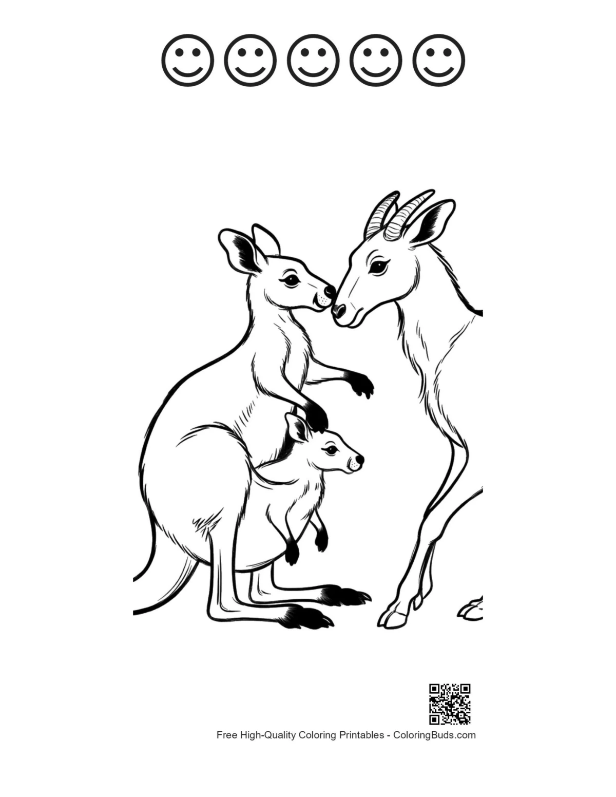 Printable kangaroo with 5 happy faces and joey