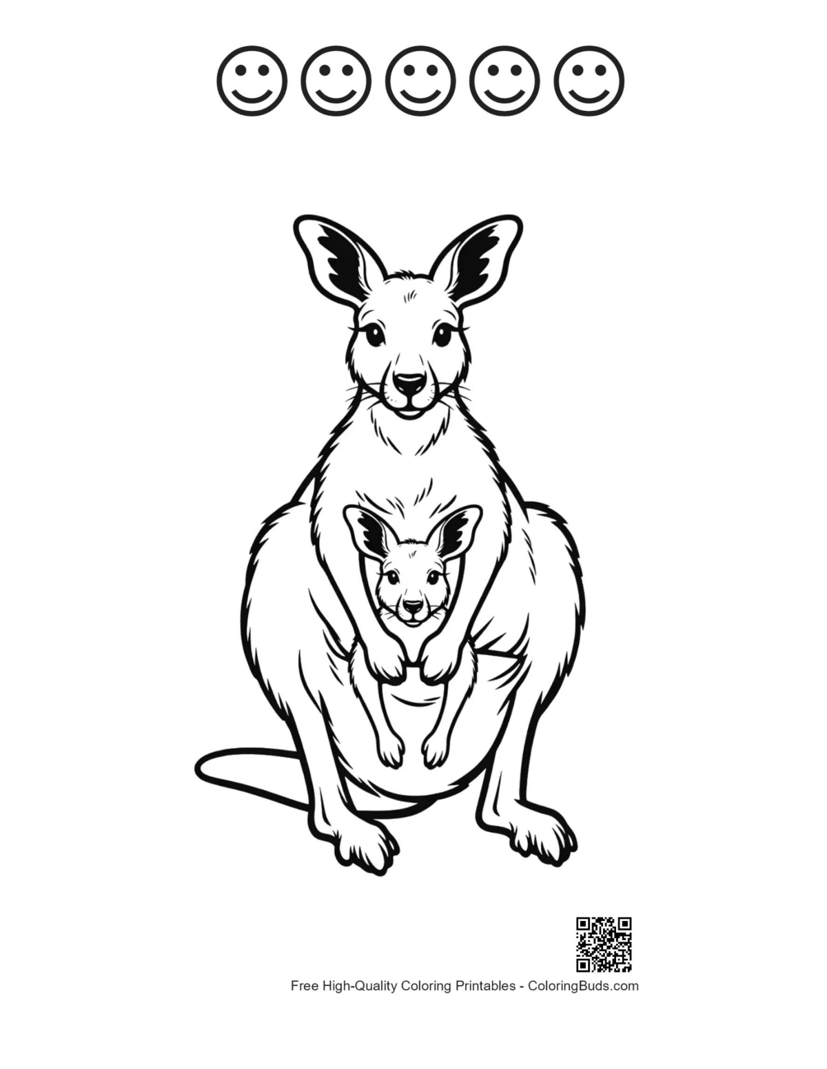 Joey in pouch kangaroo with happy faces printable