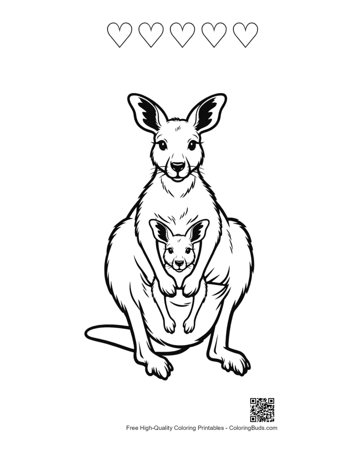 Mother Kangaroo joey pouch with hearts coloring sheet