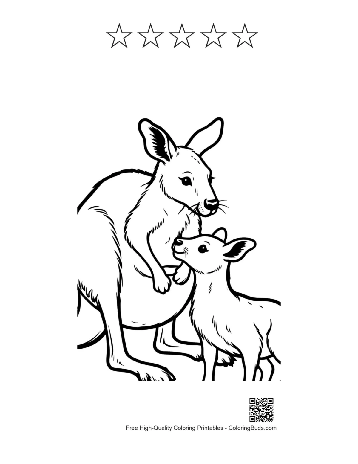 Printable kangaroo with joey and 5 star outlines