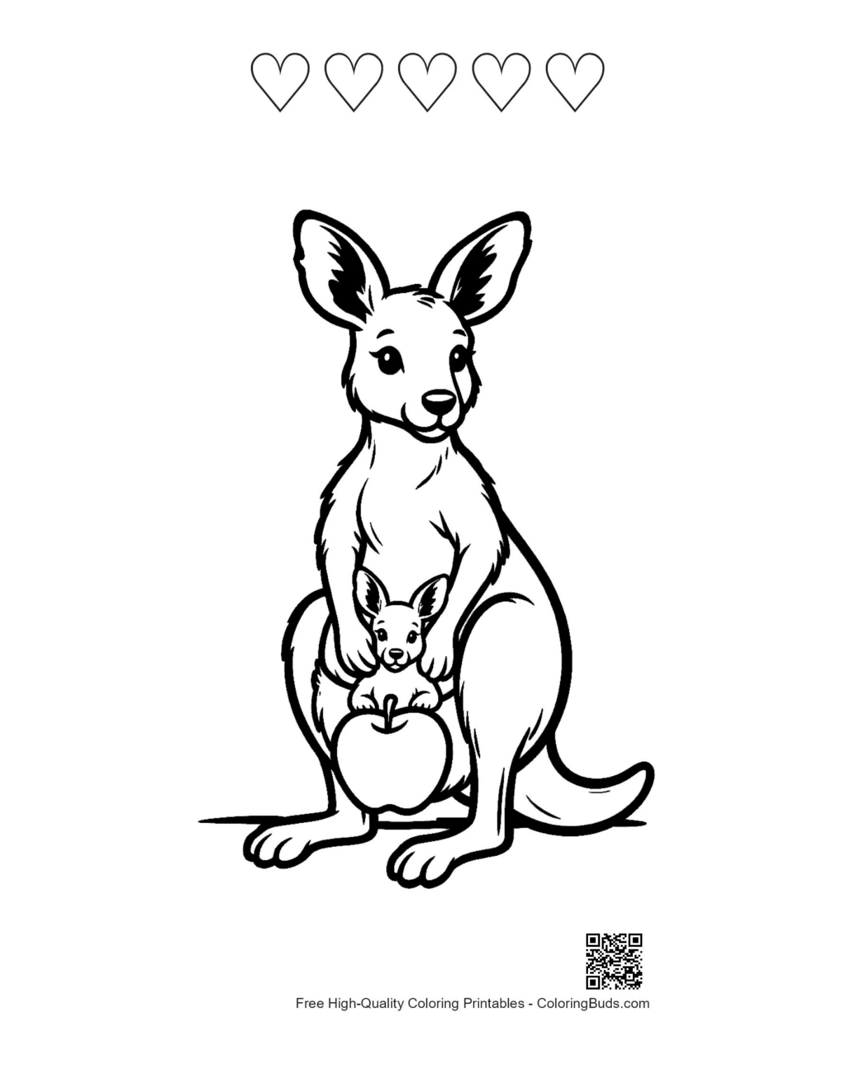 Joey pouch coloring with 5 hearts outline