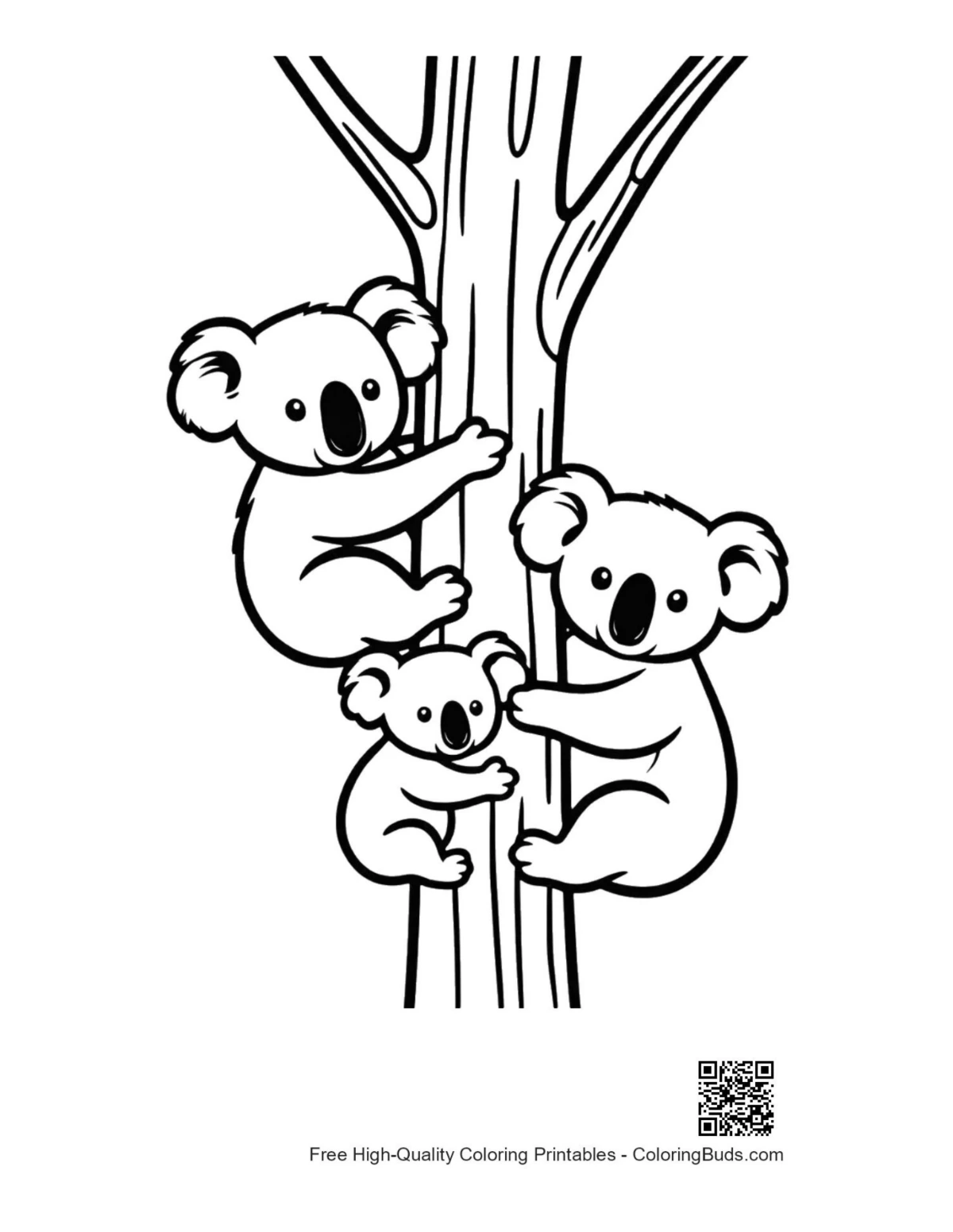 Adorable koala family on eucalyptus coloring page