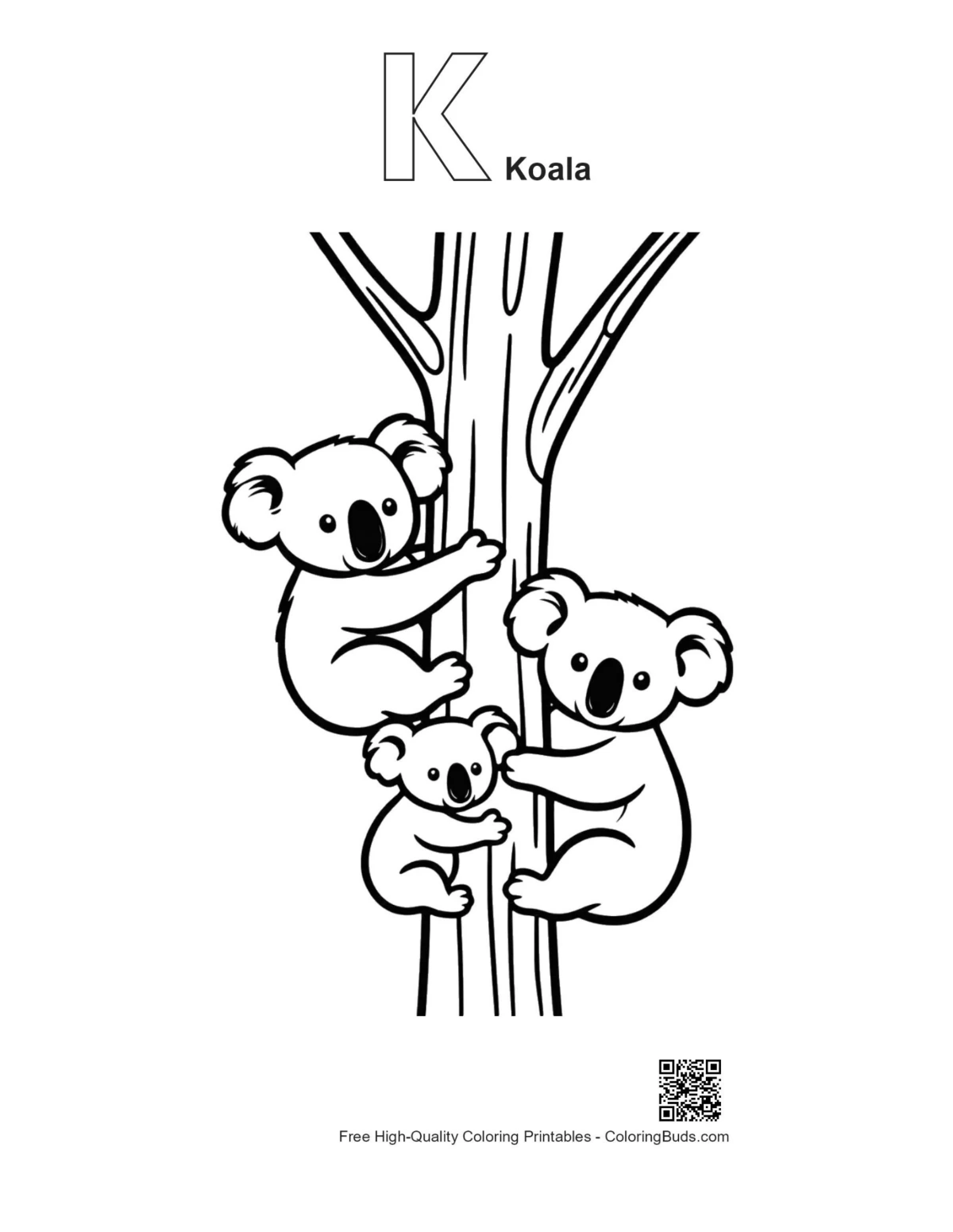 Koala coloring page with alphabet K outline