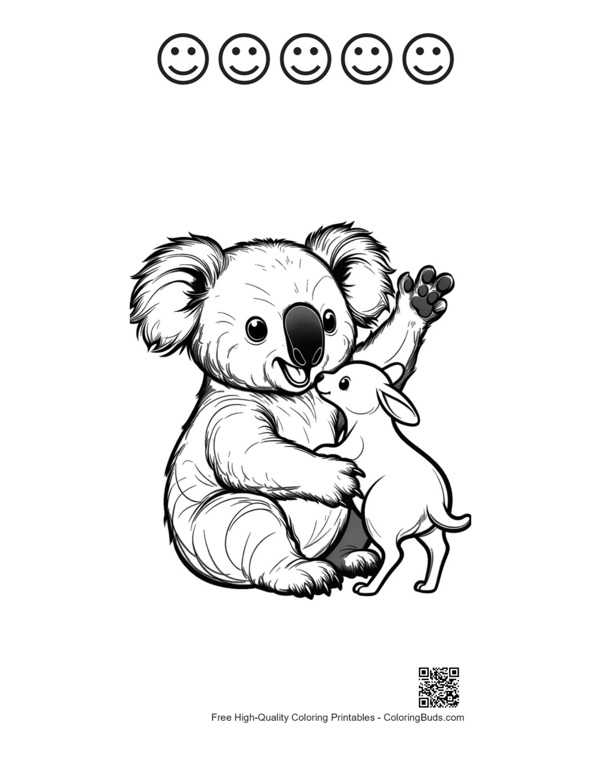 Cheerful koala with 5 happy face outline printable