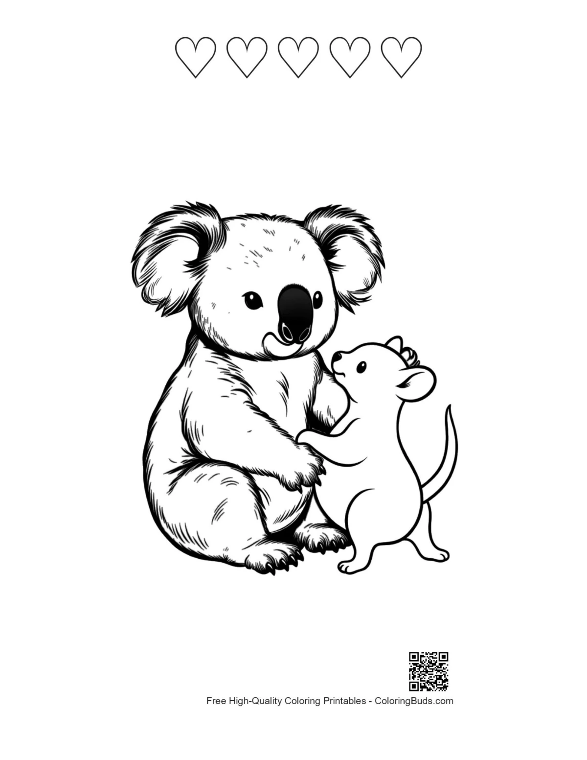 Heart outlines koala and mouse eucalyptus printable
